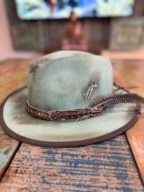 American Hat Makers Freedom Hats Distressed Sage Fedora XL Feather